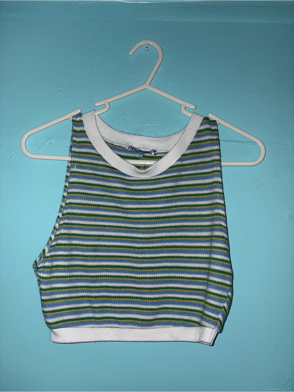Zara Blue, Green & White Striped Knit Cropped Tank